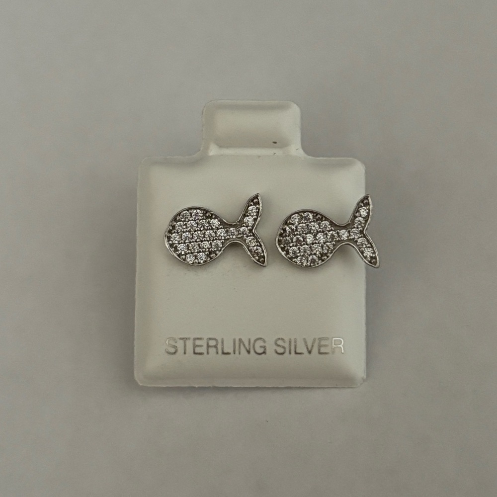 Sterling Silver CZ Fish Stud Earrings